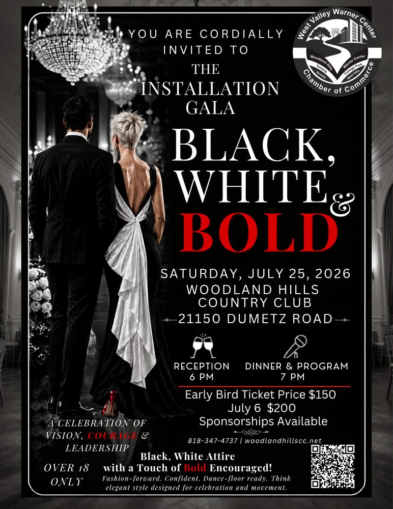 Cartel de la Gala de Instalación Black, White and Bold. Sábado 25 de julio de 2026 en el Woodland Hills Country Club.